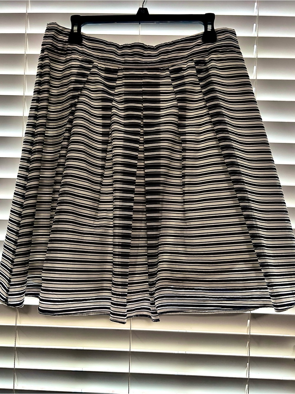 J. Crew Navy & White Striped Pleated Knee length Skirt. Zip Back Close